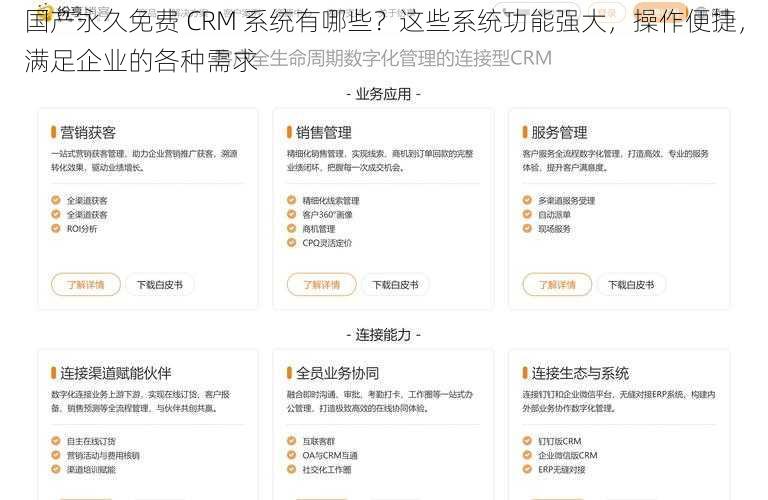 国产永久免费 CRM 系统有哪些？这些系统功能强大，操作便捷，满足企业的各种需求