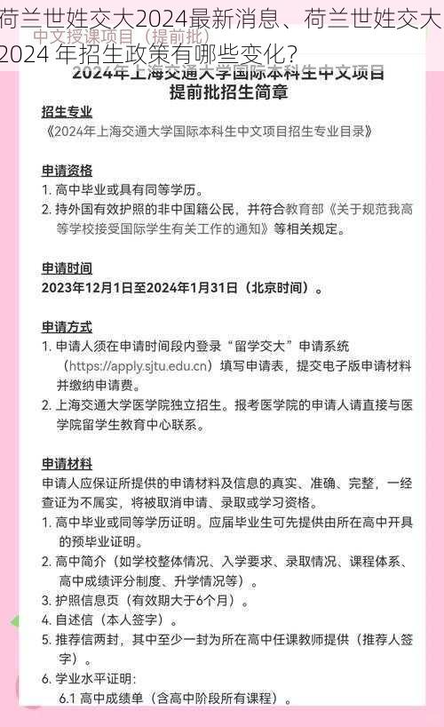 荷兰世姓交大2024最新消息、荷兰世姓交大 2024 年招生政策有哪些变化？