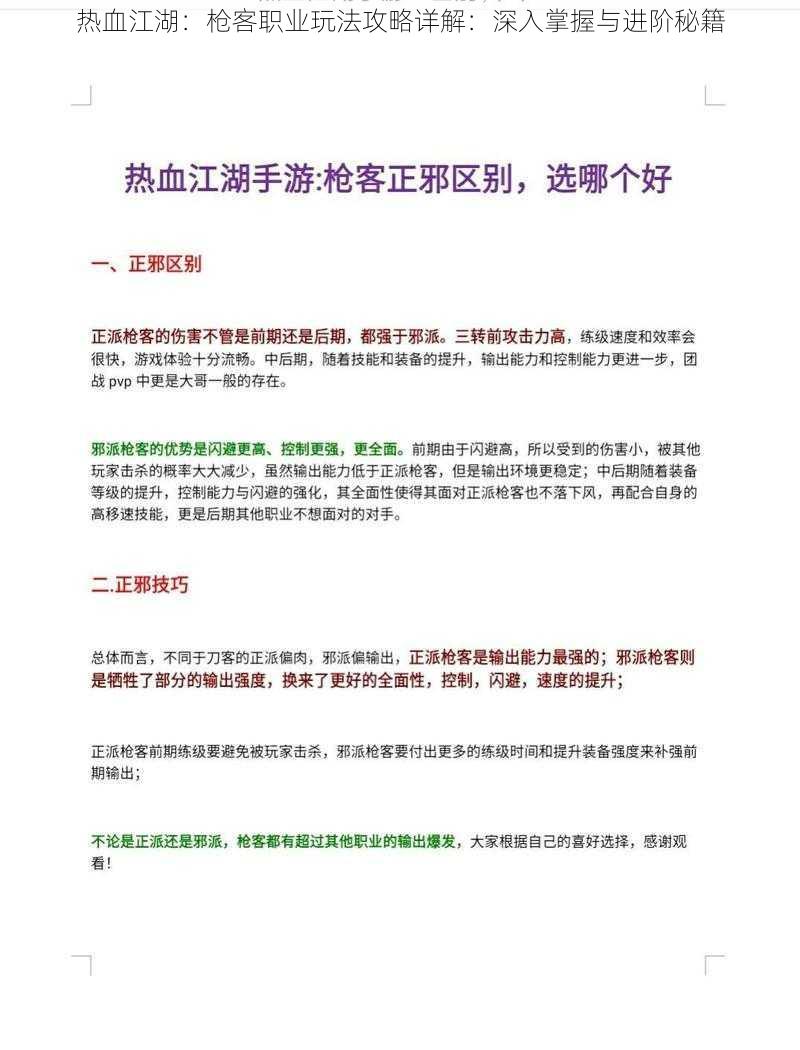 热血江湖：枪客职业玩法攻略详解：深入掌握与进阶秘籍